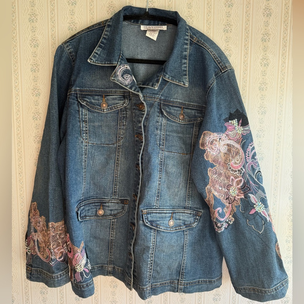 Silhouettes Beaded & Embroidered Denim Jean Jacket | Vintage Statement size 14